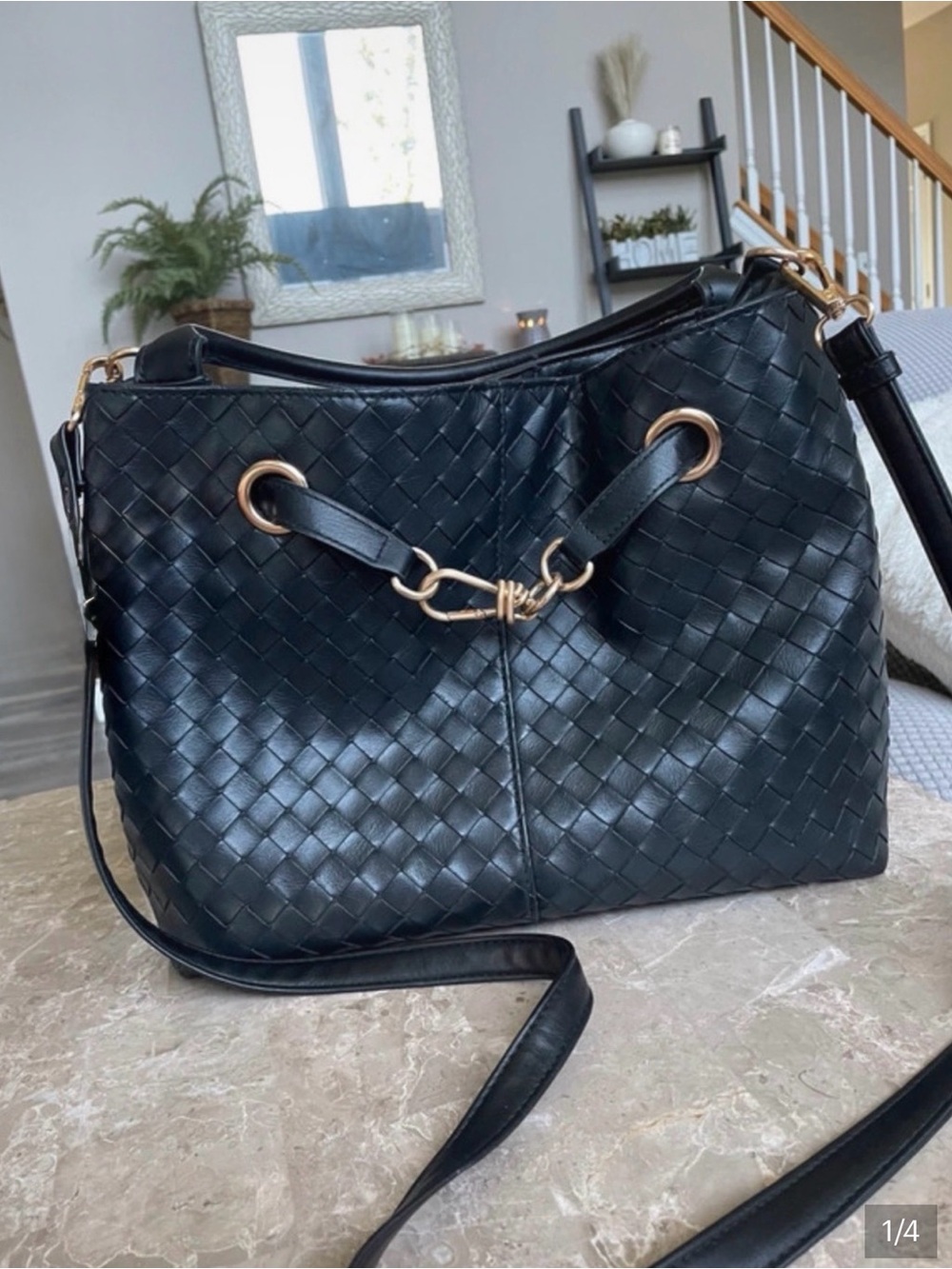 Black Woven Leather Shoulder Bag with Gold Hardware